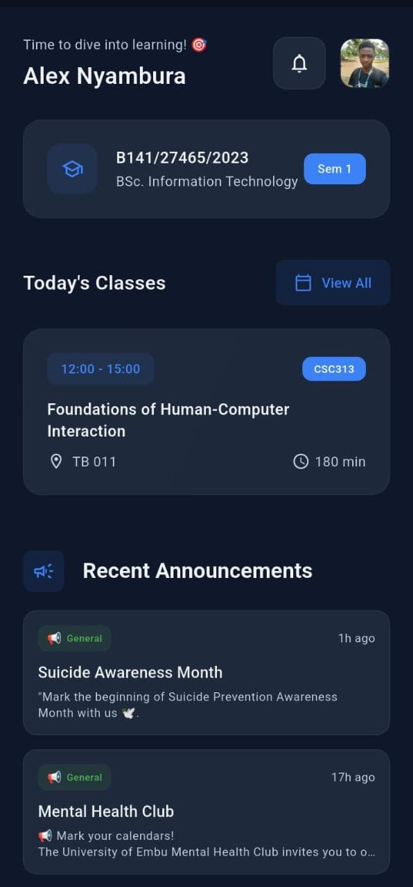 Homepage - Today's classes and recent announcements